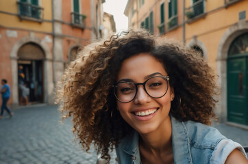 Poster - Smiling Woman with Curly Hair and Glasses Enjoying a Day Out in a Charming European Town