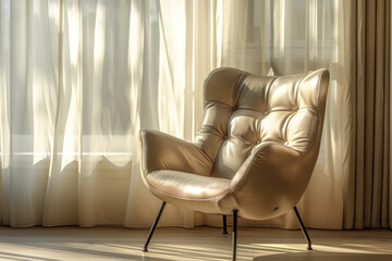 Wall Mural - Tan Leather Armchair with Black Legs by a Window with White Curtains