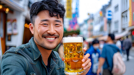 Wall Mural - Joyful middle age Asian man in green shirt drinking beer in an Oktoberfest outdoor bar, surrounded by festive decor and a lively crowd.