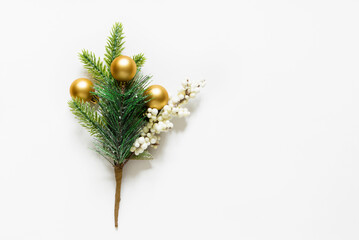 Wall Mural - christmas tree branch. empty space for copy space. festive xmas decoration gold toys, flat lay, top 