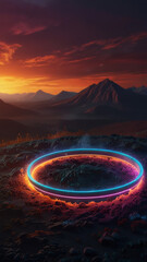 Wall Mural - A fantastic landscape with a neon circle. Dark background.