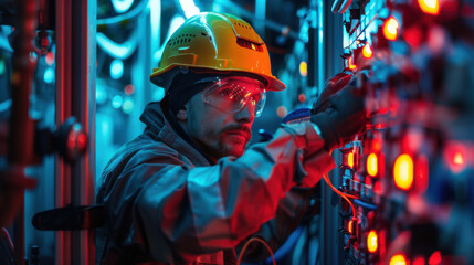 Wall Mural - Electrical engineer adjusting a control panel in a dimly lit industrial setting, focusing on wiring and connections.