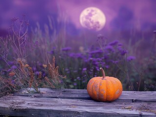 A seasonal decoration featuring a pumpkin placed on a wooden bench