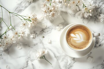 Flat lay of espresso cup, floral decor on marble table, soft lighting, neutral tones, minimalist.