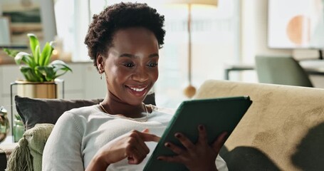 Poster - Home, relax and black woman on sofa, tablet and internet with connection, playing online game and website info. African person, apartment and happy girl on couch, tech and social media in living room