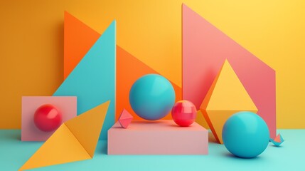 Poster - 3D geometric shapes of various colors and sizes.