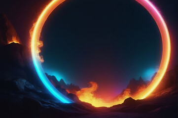 Wall Mural - A fantastic landscape with a neon circle. Dark background.