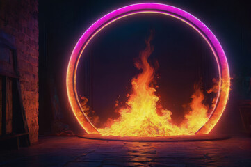 Wall Mural - A fantastic landscape with a neon circle. Dark background.