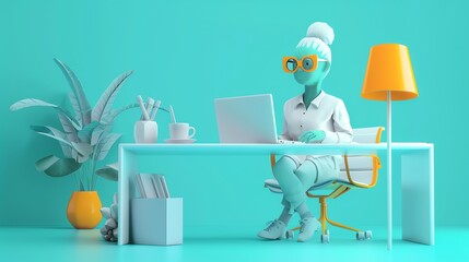 Poster - A 3D render of a person sitting at a desk and working on a laptop.