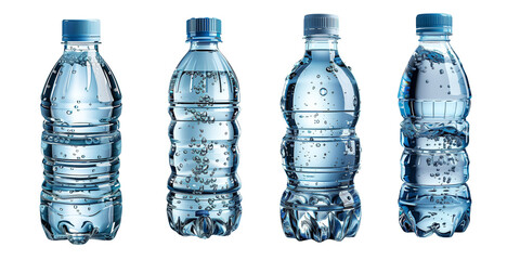 Four clear plastic water bottles filled with sparkling water isolated on a white background, showcasing various sizes and shapes.