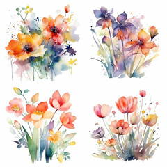 Wall Mural - watercolor summer flowers isolated over white background, ai generative