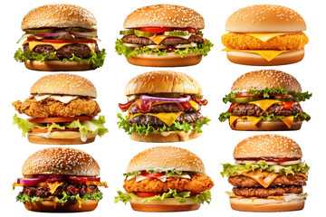 Wall Mural - PNG burger fast food element set, transparent background