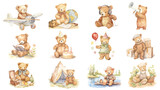 Cute watercolor teddy bears png cut out set