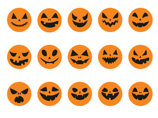 Sticker - Collection of funny and scary round orange stickers with a faces for Halloween. Vector illustration isolated on white background