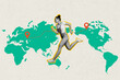 © deagreez - Composite photo collage of happy girl refugee run summer travel map geolocation relocation travel adventure isolated on painted background