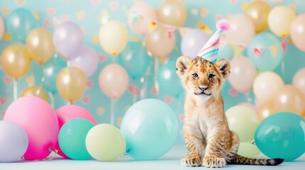 Wall Mural - Lion cub wearing a colorful party hat sitting amidst pastel balloons, celebrating. Fun birthday party concept.