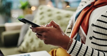 Poster - Black woman, hands and typing with phone for research, online browsing or email on sofa at home. Closeup of young African or female person on mobile smartphone with laptop for communication at house