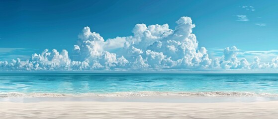 Serene beach with pristine sands and clear blue waters under a bright sky with fluffy white clouds. Perfect for relaxation and inspiration.