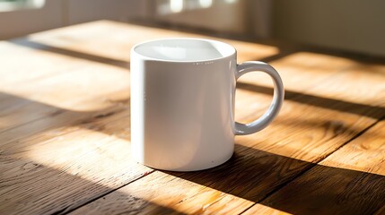 Poster - A plain white coffee mug on a wooden table.