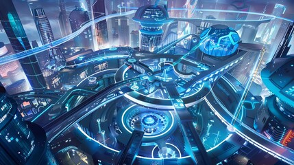 Poster - A futuristic city with glowing blue lights, intricate structures, and advanced transportation systems.