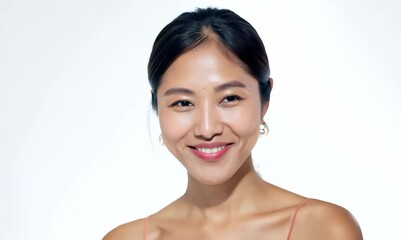 Wall Mural - Portrait of a beautiful young asian woman smiling on white background