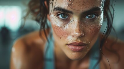 A sweaty woman in a gym setting, showcasing her dedication to her workout. Her intense gaze and the beads of sweat on her skin highlight her effort and perseverance.