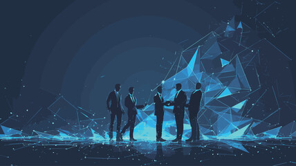 Wall Mural - Silhouettes of business people shaking hands against low poly background. Teamwork concept