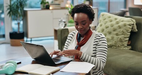 Sticker - Business, black woman and laptop with paperwork in home for typing article, creative review or newsletter on floor. Freelancer, copywriter and remote work with documents for blog post or web feedback