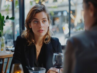 A woman sits at a table with a glass of wine, relaxing and sipping her drink