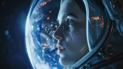 a close-up view of a person in a space suit, with details on the helmet and gloves