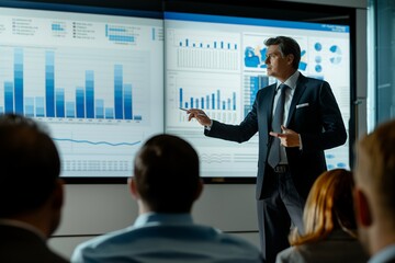 Wall Mural - In a corporate conference, a businessman leads a successful presentation on teamwork, communication and data analysis