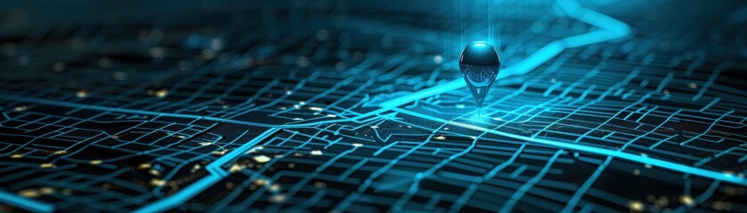 Futuristic map featuring glowing roads and a prominent location pin, representing advanced navigation technology.