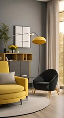 Wall Mural - Modern interior design of scandinavian apartment living room with yellow sofa sideboard and black armchair 3d animation rendering 4k animation