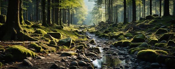 Poster - Sunlit Stream Through a Forest