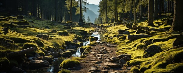 Sticker - A Forest Path with Mossy Rocks and a Stream