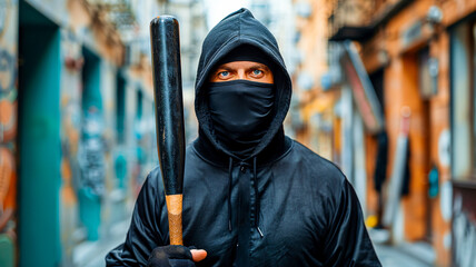 Robber in  balaclava holding baseball bat for violence illustration