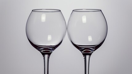 Two empty wine glasses on a white background.