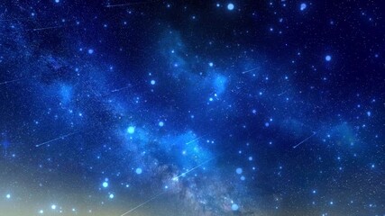 Stars twinkle and meteors streak across the blue Milky Way