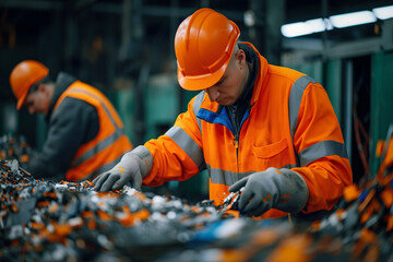 Poster - A specialized facility handling electronic waste, with workers dismantling old electronics and sorting components for recycling, showcasing the safe disposal of e-waste