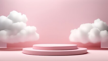 Wall Mural - Minimal scene with pink podium and white clouds. 3D rendering