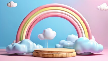 Wall Mural - 3d render of minimal scene with podium, rainbow and clouds.