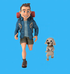 Wall Mural - Fun 3D cartoon backpacker with a dog