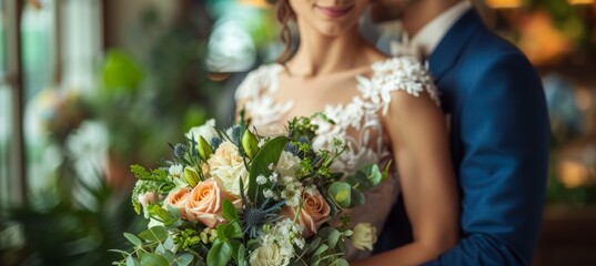 Poster - Bride and groom hold flower bouquet. Wedding married ceremony. Generative AI technology.	
