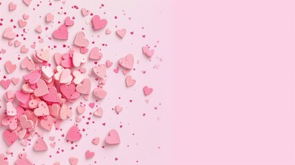 Wall Mural - pink background with various pink heart-shaped confetti. festive and romantic.