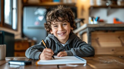 Wall Mural - a happy boy is sitting at the table and writing in his notebook, he smiles while looking into camera