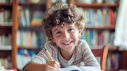 A happy boy is sitting at the table and writing in his notebook, he smiles while looking into camera