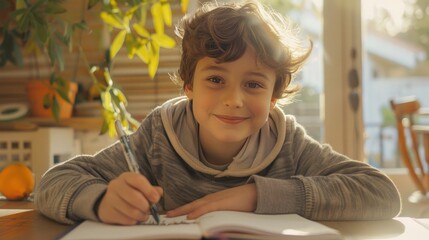 Wall Mural - a happy boy is sitting at the table and writing in his notebook, he smiles while looking into camera