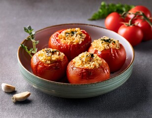 Turkish traditional food stuffed tomatoes with olive oil stuffed with rice
