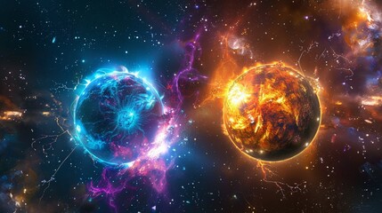 Wall Mural - Cosmic Clash: Ice and Fire Planets in a Surreal Space Encounter