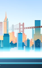 Wall Mural - City skyline urban landscape with skyscrapers and bridge in background colorful buildings modern architecture blue sky